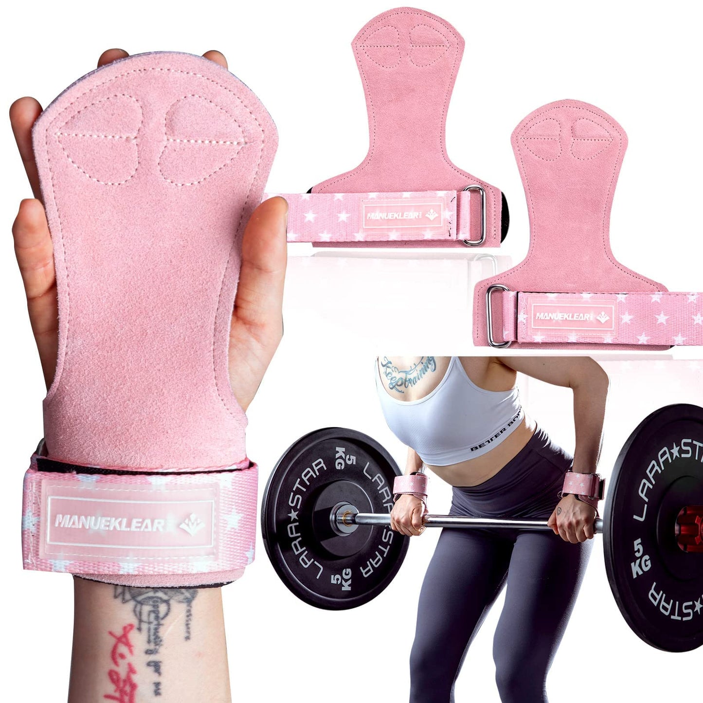 MANUEKLEAR Weightlifting Wrist Straps with Cushion Wrist Loop,Leather Weight Lifting Wrist Straps for Deadlifts, Powerlifting, Heavy Shrug for Men/Women (Pink)