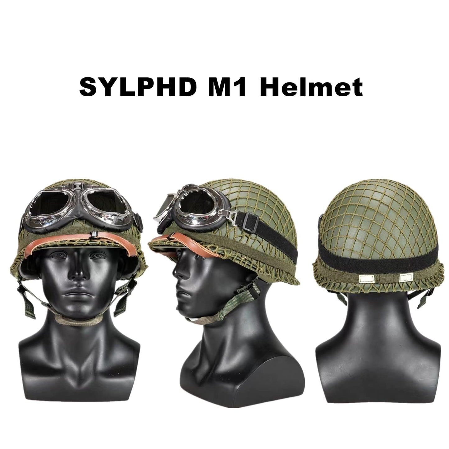 SYLPHID Outdoor Green WW2 US M1 Helmet Steel Field with Net Cover cat Eye Belt and Goggles