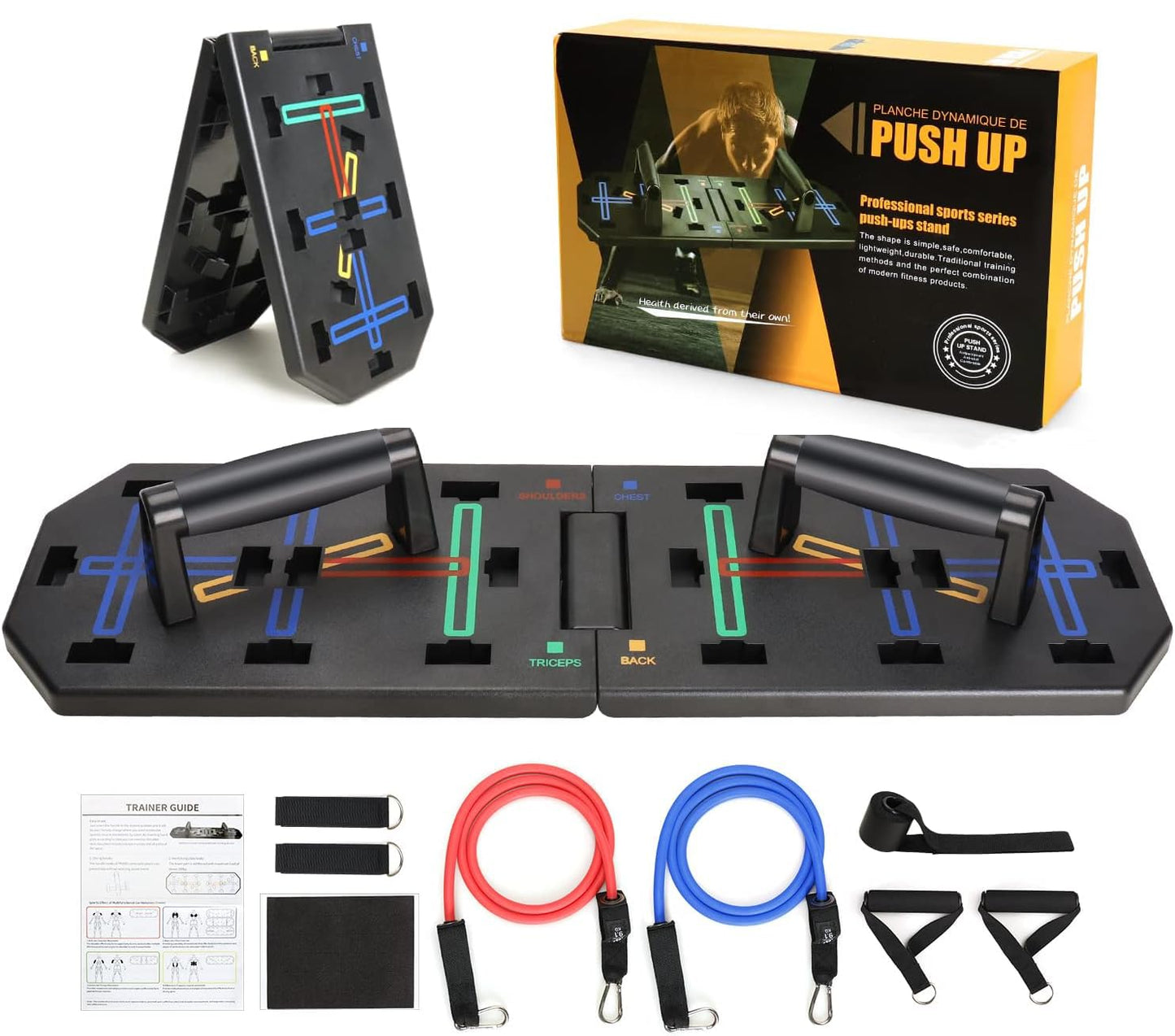 Push Up Board, Enhanced Multi-function Foldable Push Up Bar with Resistance Bands, Portable Strength Training Equipment, Push Up Handles for Perfect Pushups, Professional Push Up Workout Equipment for Home Gym (Pushup Board)