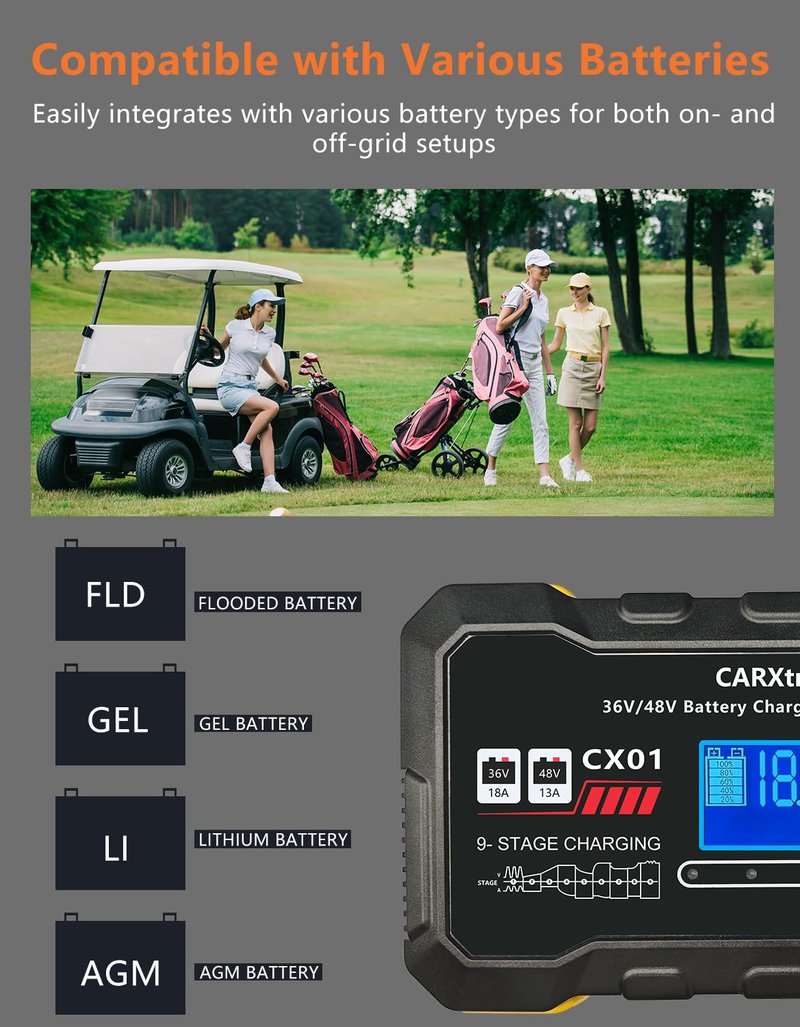 CARXtruck 36V 18A & 48V 13A Golf Cart Battery Charger for EZGO TXT with D Style Plug, Smart Trickle Charger