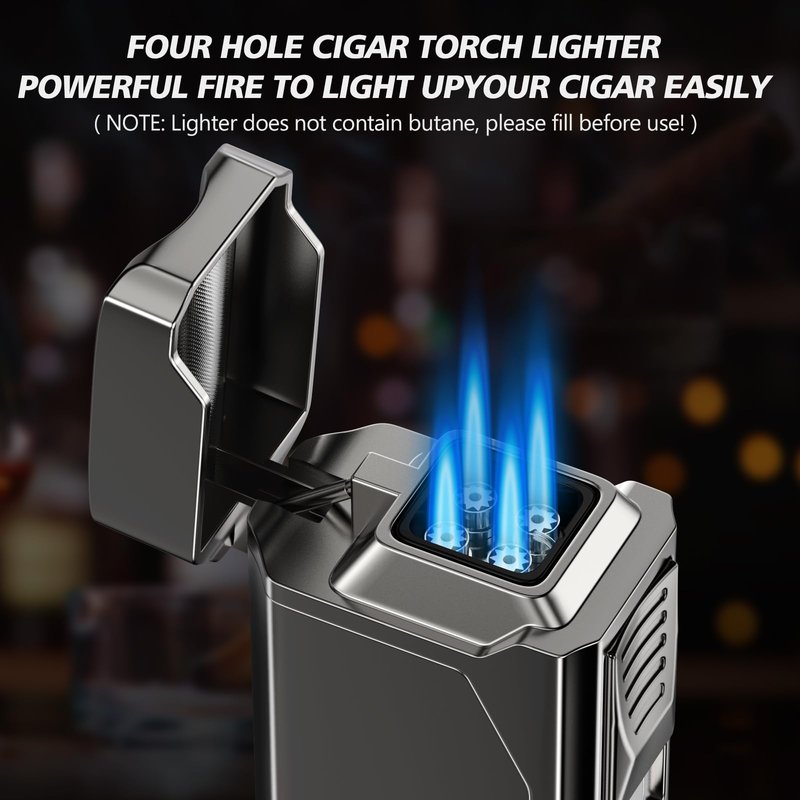 Tesonway Cigar Torch Lighter, 4 Jet Flame Cigar Lighter with Cigar Cutter V Cut Cigar Accessories Cigar Holder Cigar Punch Cigar Draw Enhancer, Windproof Refillable Butane Lighter, Cigar Gifts for Men