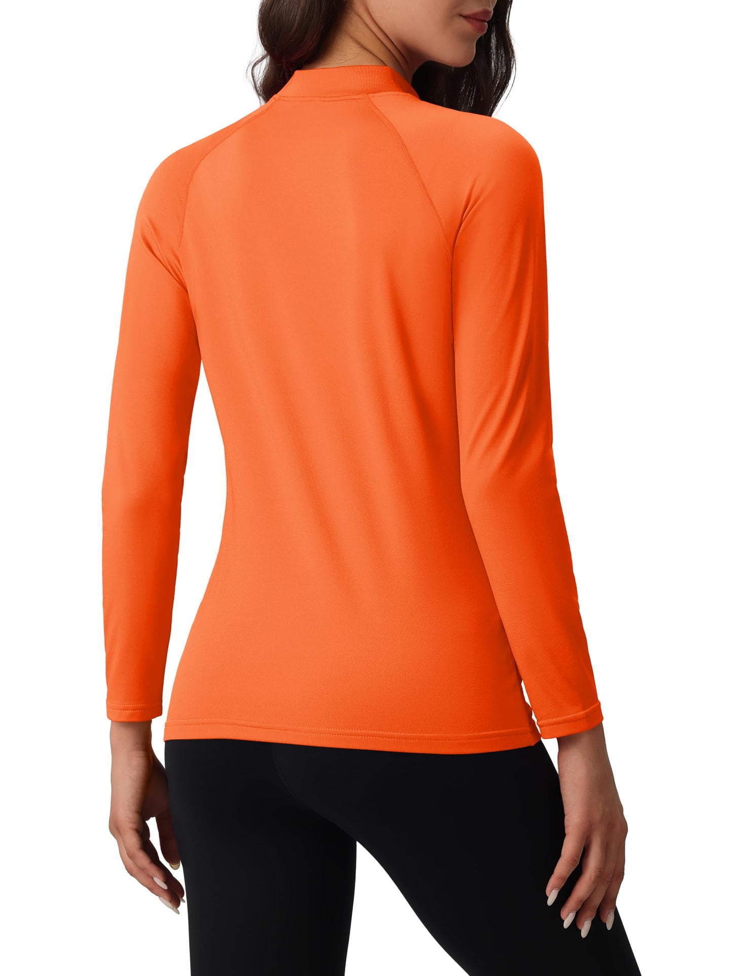 MAGCOMSEN Fitted Long Sleeve Shirt for Women Workout Fleece Top Thermal Underwear Mock Neck Winter Running Orange L