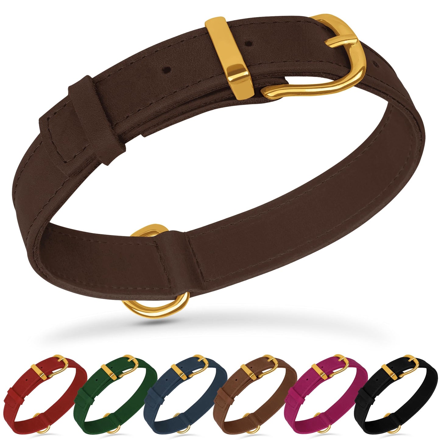 Leather Dog Collar - Heavy Duty Adjustable Soft Padded Pet Collars for Small Medium Large Dogs Breed - Black Green Brown Pink Red Blue (Brown, M, 12"-15" Neck Fit)