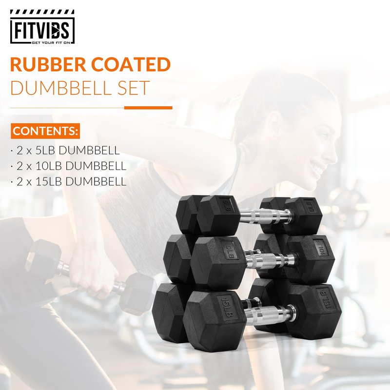Fitvids 60LB Rubber Encased Hex Dumbbell Weight Set Contoured Handle for Muscle Toning, Strength Building & Full Body Workout