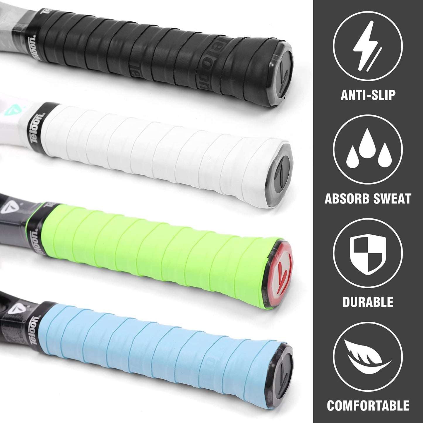 Teloon Overgrip Racket Grip Tape Tennis Overgrip Grip Tape，(6 or 12 Pack) Absorb Sweatbands Stretchy Anti Slip Protector Handle Overgrips. (Black-12 pcs)