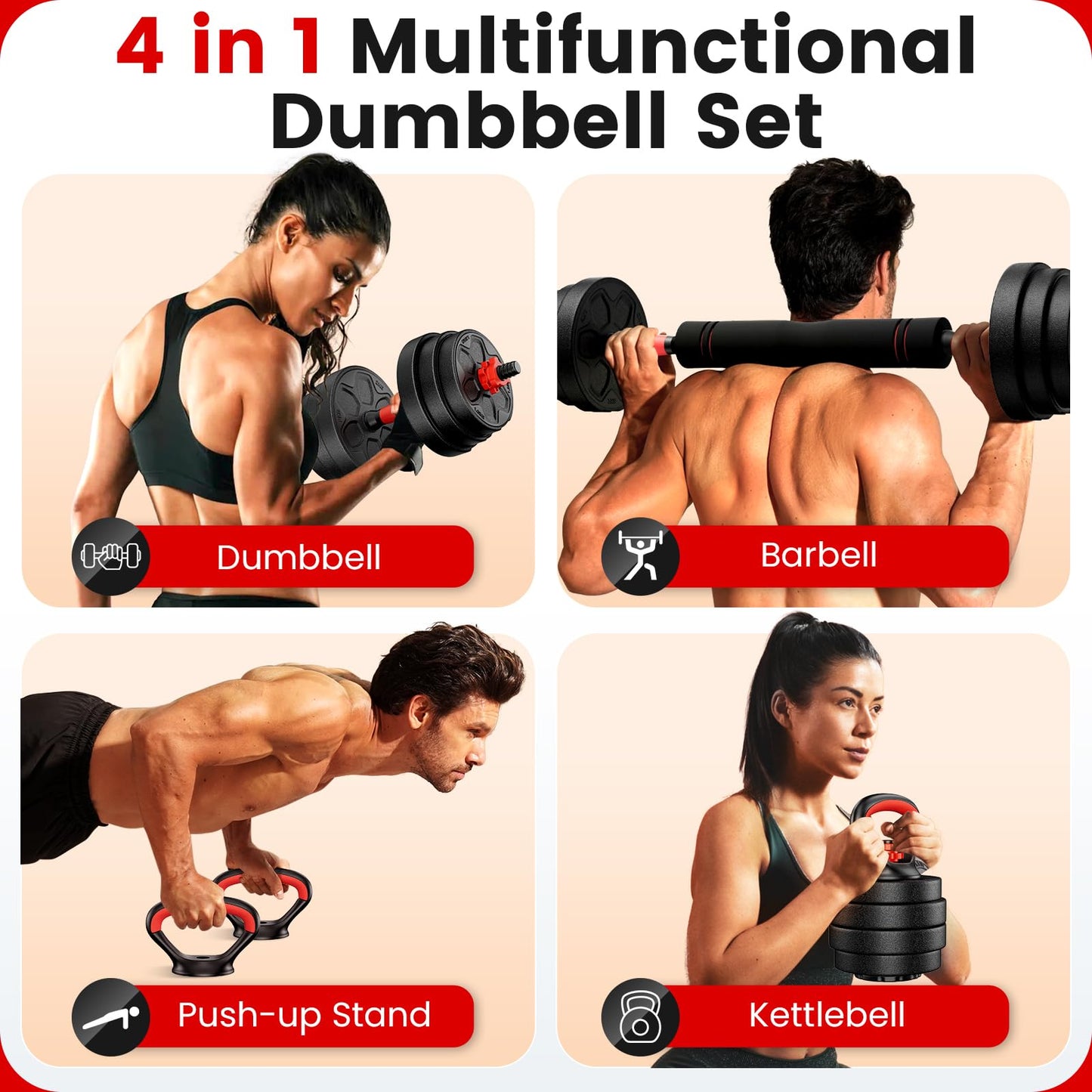 BDSHE 45lbs Adjustable Dumbbell Set, 4-in-1 Dumbbell set，Suitable Men/Women