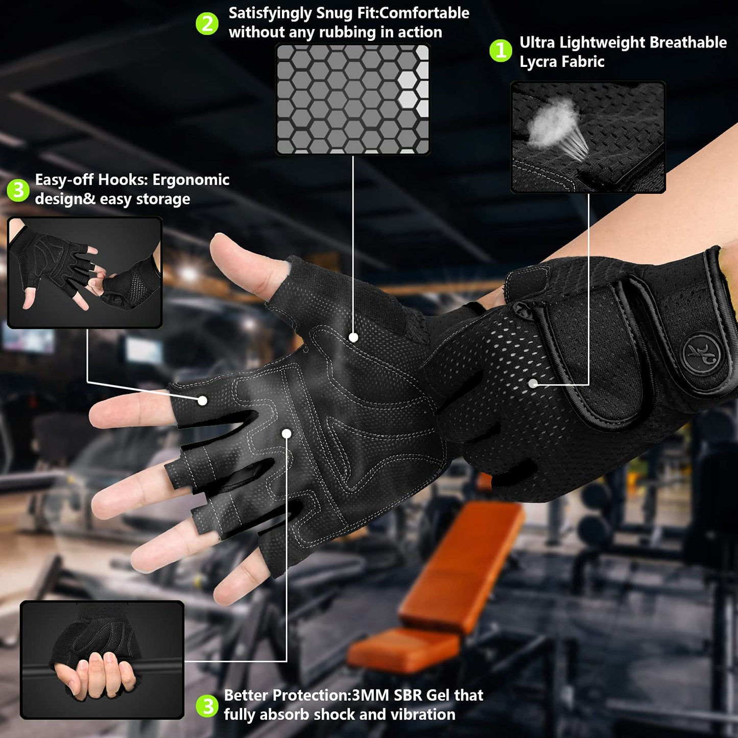 MOREOK Workout Gloves Padded Weight Lifting Gloves for Men/Women, [3MM Gel] Fingerless Grip Gym Gloves Fitness Gloves Black-XXL