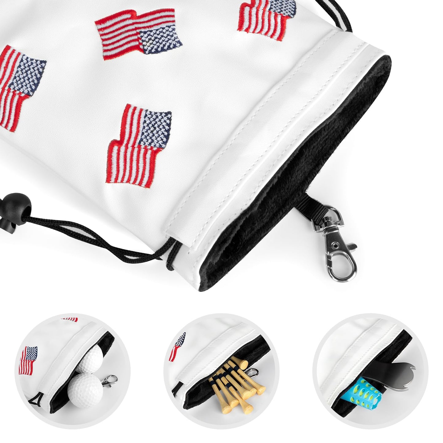 US Patriotism Golf Valuables Pouch Bag with Drawstrings - Premium Faux Leather Golf Tee Pouch Accessorries for Men