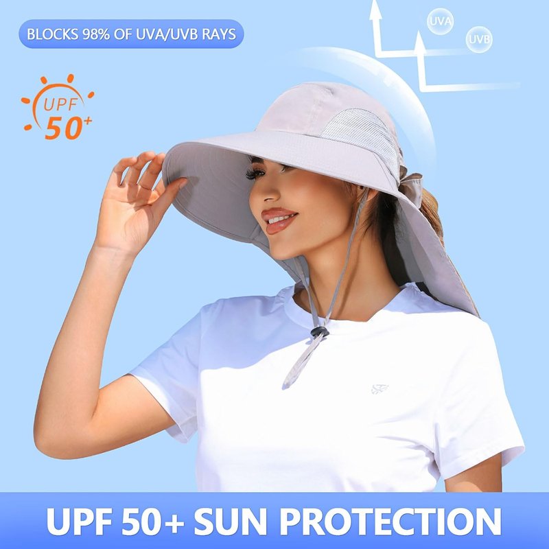 Ponytail Sun Hat - UPF 50+ Wide Brim for Hiking, Camping & Fishing | Light Gray & Watermelon Red