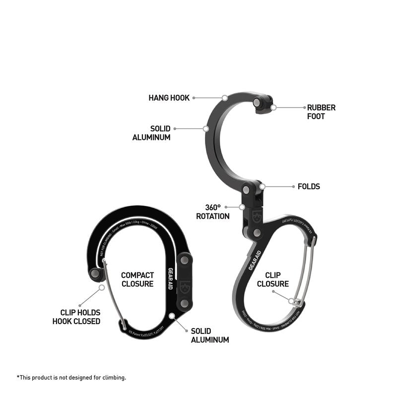 GEAR AID HEROCLIP Carabiner Clip and Hook (Small) for Purse, Stroller, and Backpack, Black and Blue, 2 Pack