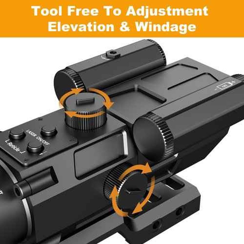 4X32 Prism Rifle Scope Optics Lightweight with Green/Red Laser 7 Level Red Illuminated Reticle Clear Green Lens Reticle 4X Magnification for 20mm Rail Mounts
