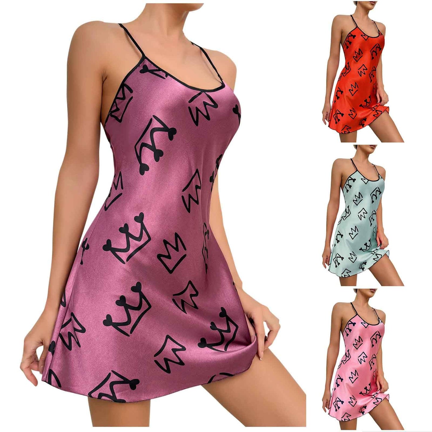 Womens Nightdress Fashion Print Sexy Backless Ice Silk Sling Pajamas Dresses Nightgowns Chemise Sleepwear Lingerie Style001 Purple Small