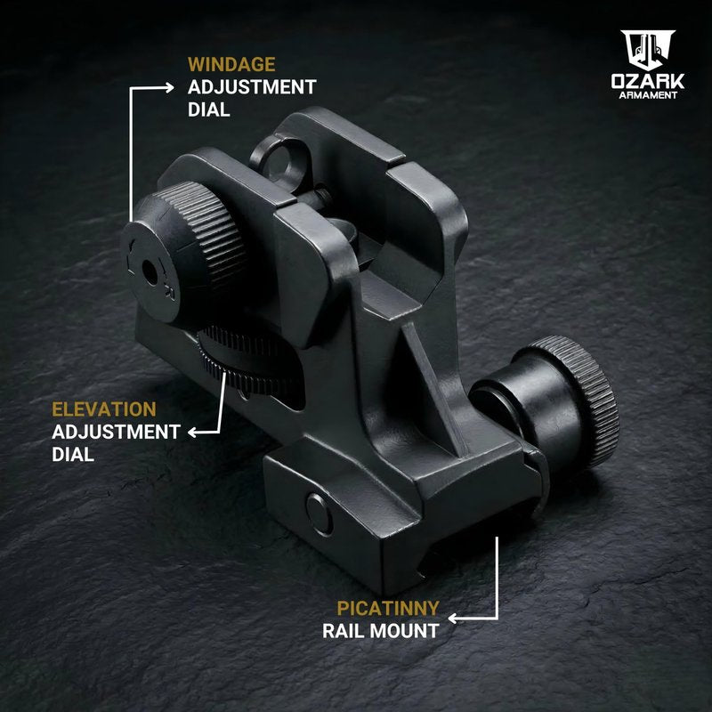 Ozark Armament A2 Rear Sight - Picatinny Iron Sights with All Metal Construction - Two Aperture Sight for Close and Precision Targets - Designed to Mount on a Picatinny Rail