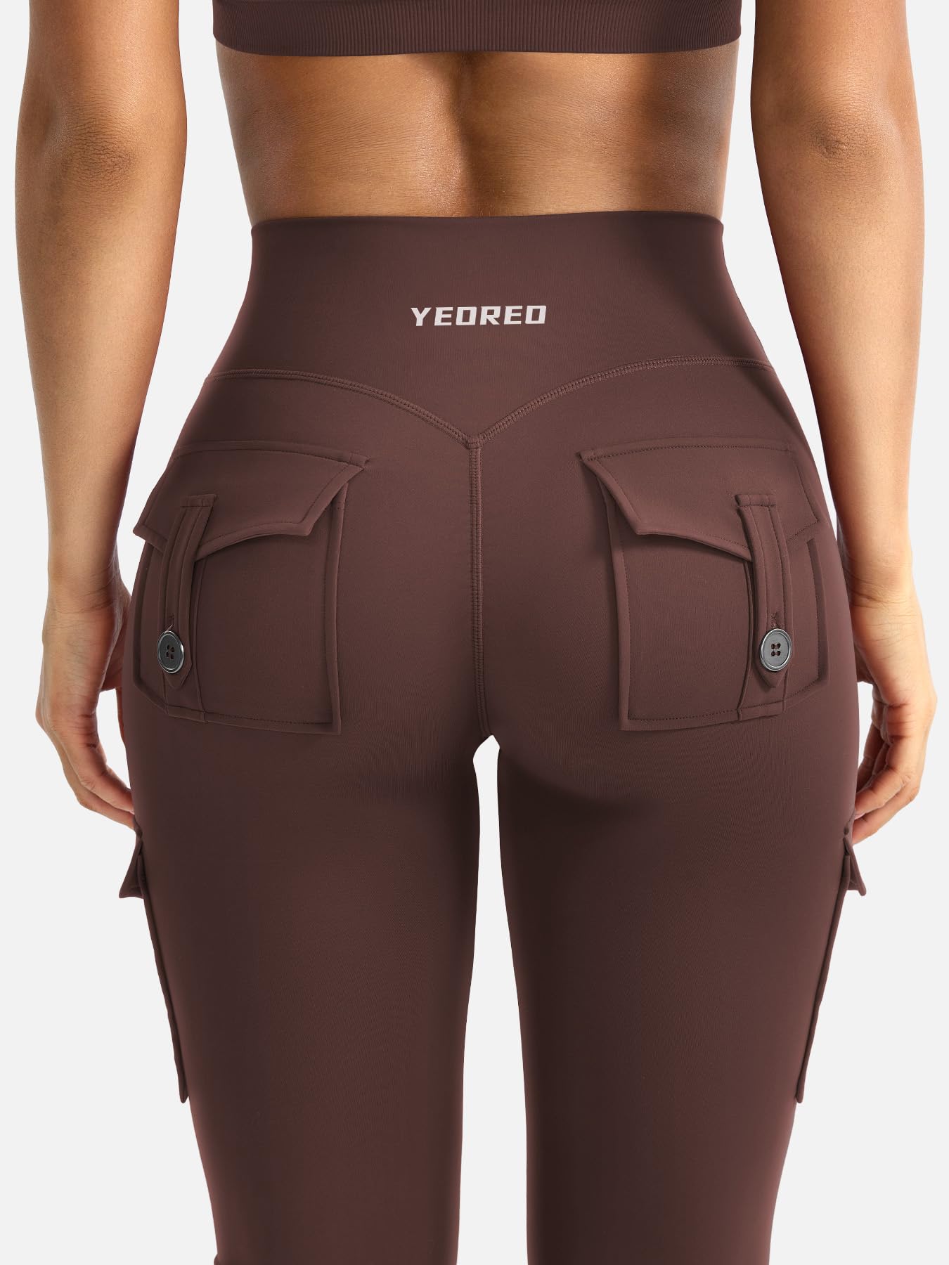 YEOREO CoreFlex Women Workout Flare Leggings with Pockets Hidden Scrunch High Waisted Cargo Gym Yoga No Front Seam Leggings (Chocolate, Small, 30" Inseam)