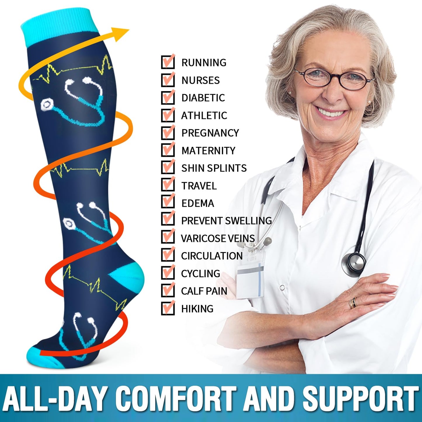 Bluemaple 6 Pack Copper Compression Socks for Women and Men Circulation-Best Support for Medical, Running,Nursing,Athletic