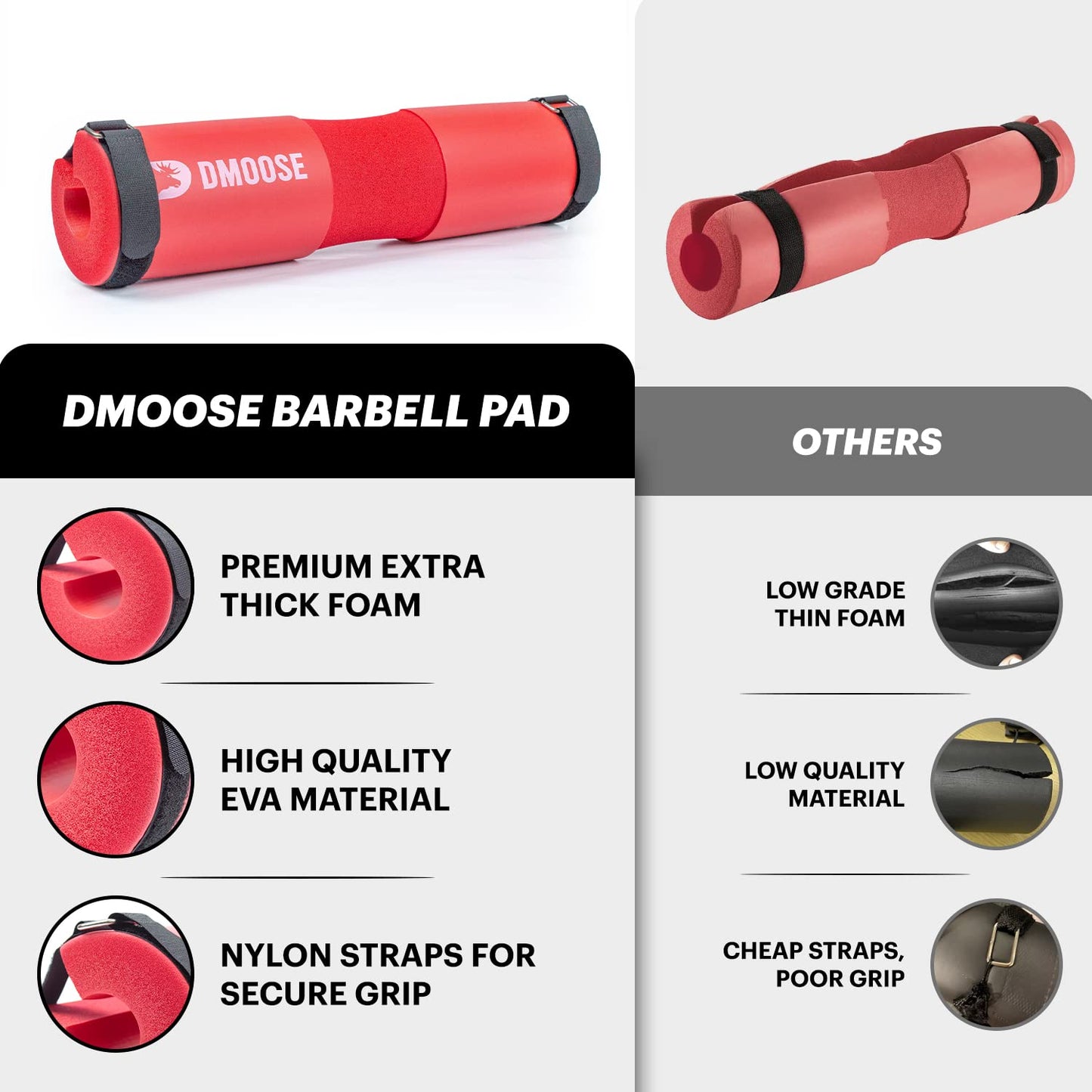 DMoose Barbell Pad, Relief Pressure from Neck, Shoulder, and Provide Lower Back Support, Non-Slip EVA Foam Squat Pad with Safety Straps, Hip Thrust Pad for Squats, Lunges - For Standard & Olympic Bars