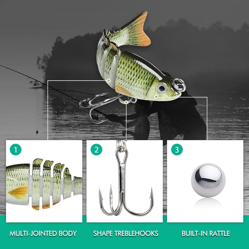 Topwater Fishing Lures for Bass - Multi Jointed Swimbait, Lifelike Sunfish/Duck/Mice Design for Trout