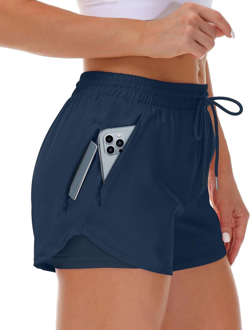 Women's Running Shorts with Liner - 3 Zipper Pockets, Elastic Athletic Gym & Yoga Shorts