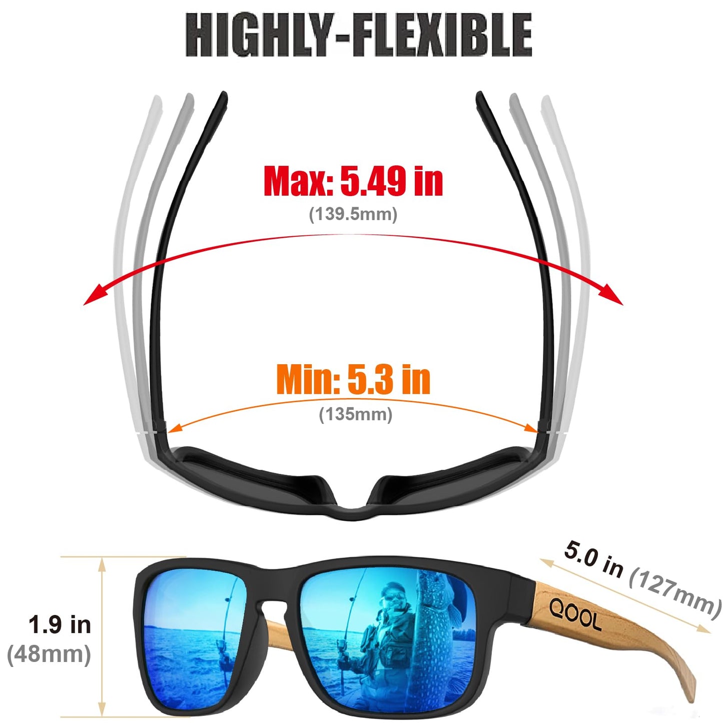 QOOL TIMES F11 Casual sport Wooden Bamboo Blue Sunglasses Temples for Men Women, Running Driving Golfing Cycling Hiking Fishing baseballand Outdoors