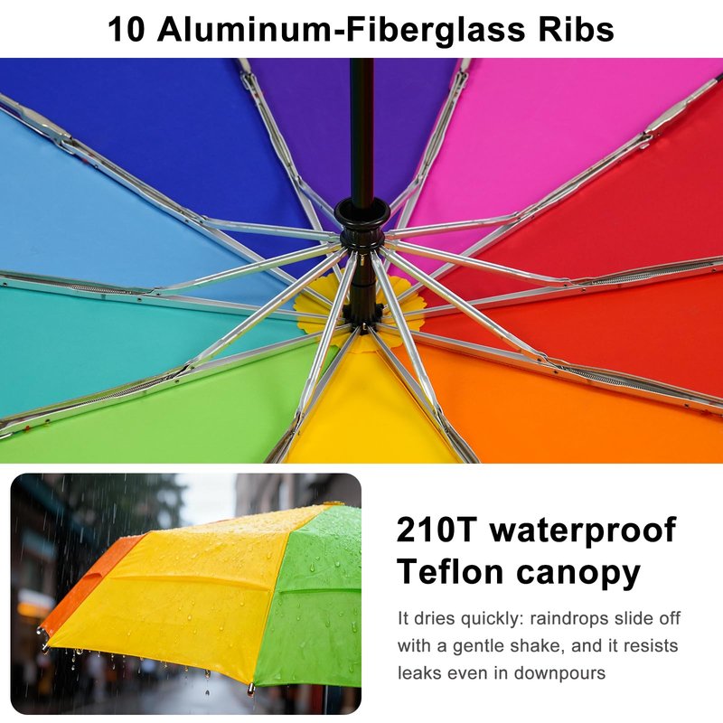 Lejorain Large Golf Umbrella Rainbow - Oversized 54inch Double Layer Windproof 10Ribs Folding Travel Umbrella Compact Auto Open Close for Rain Women/Men