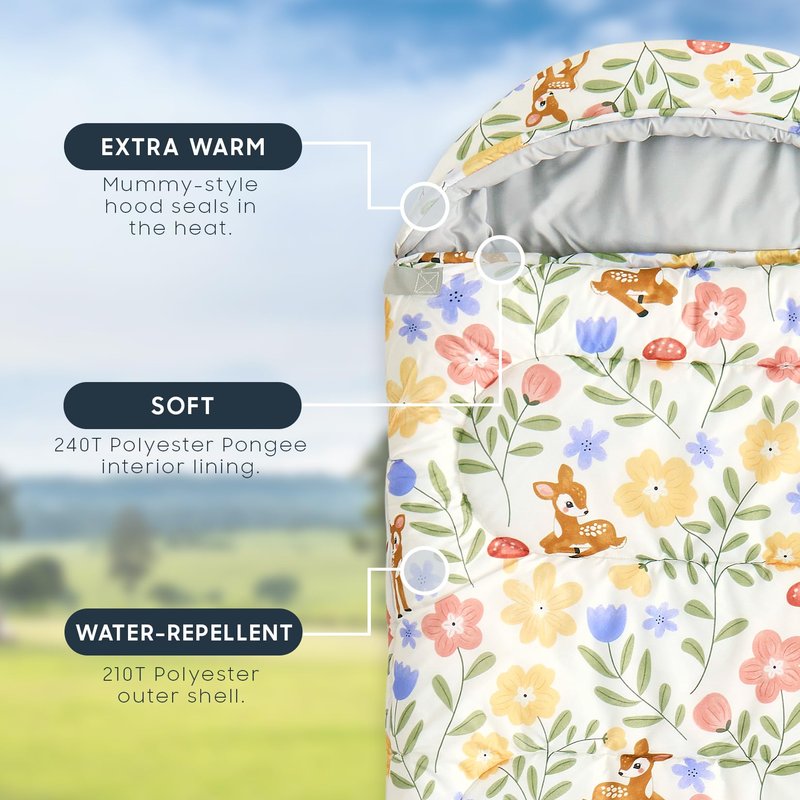 Wake In Cloud - Kids Sleeping Bag for Girls Toddlers, Camping in Warm Cold Weather, Backpacking Lightweight Compact Outdoor Liner for 3 Seasons, Deer Floral Garden, Cream