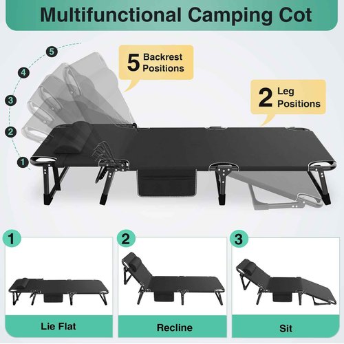 Suteck Folding Camping Cot, Adjustable 5+2 Positions Reclining Portable Outdoor Cot Heavy Duty Sleeping Bed Cots w/Pillow Mat Carry Bag, Chaise Lounge Chair for Home Office Nap Beach Pool Patio Travel