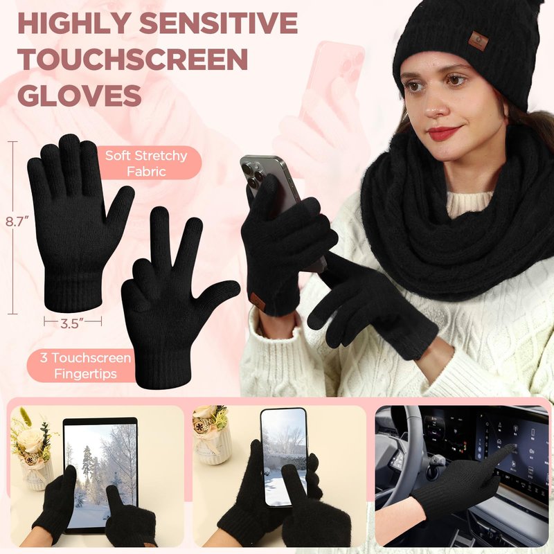 Womens Beanie Hat Infinity Scarf Touchscreen Gloves Fleece Headband 4 in 1 Winter Clothes Set Gifts for Women Black