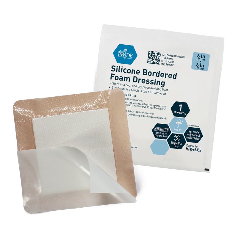 Medpride Adhesive Silicone Bordered Foam Wound Dressing Pads- 6 inches by 6 inches, 10 Pack-Trauma Bandaging for Ulcers, Post Op Wounds, Injuries- Individually Wrapped-Sterile, Pain-Free Removal