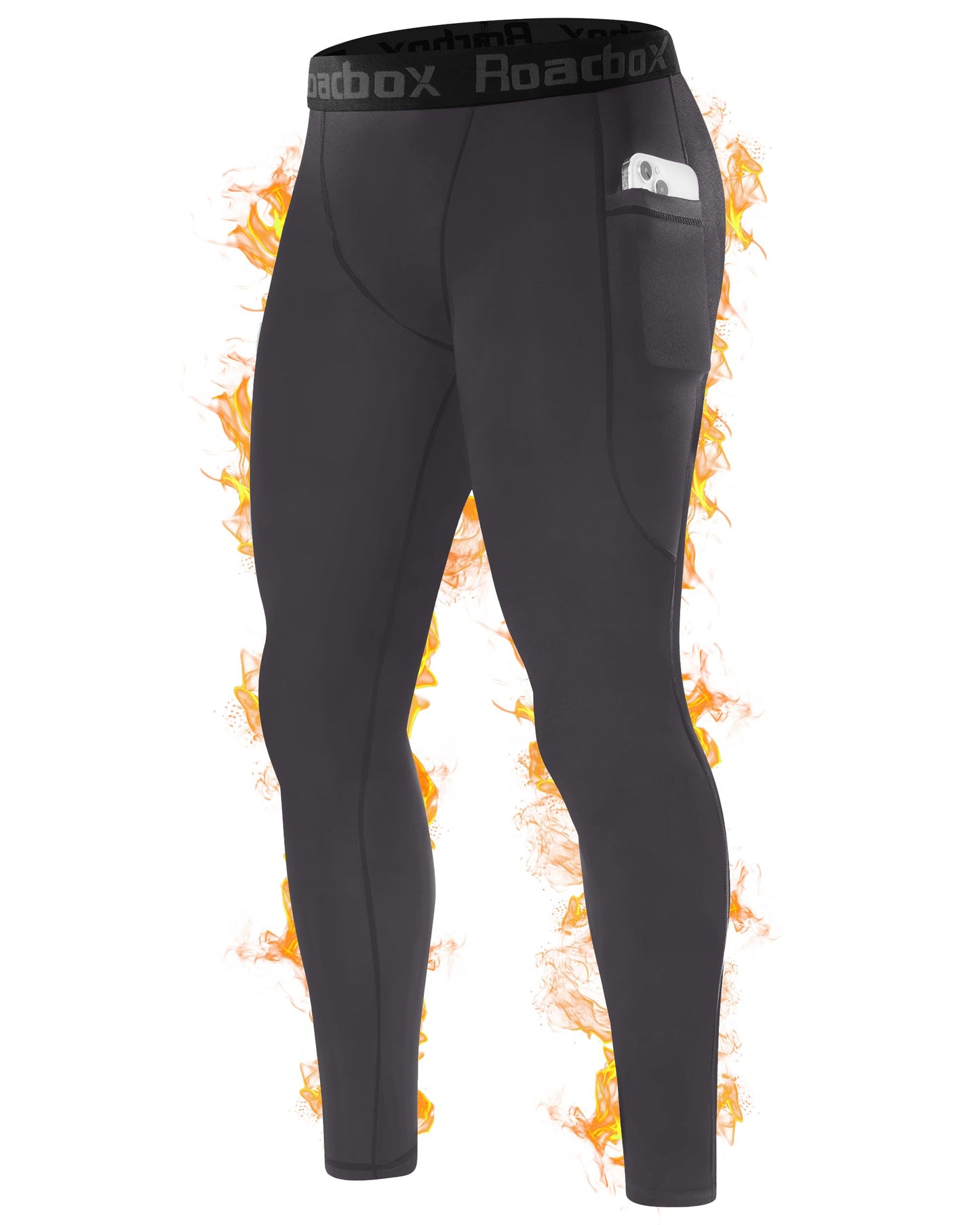 Roadbox Men's Thermal Compression Pants, Fleece Lined Running Tights with Pockets, Ski Leggings Athletic Base Layer Bottoms Dark Gray