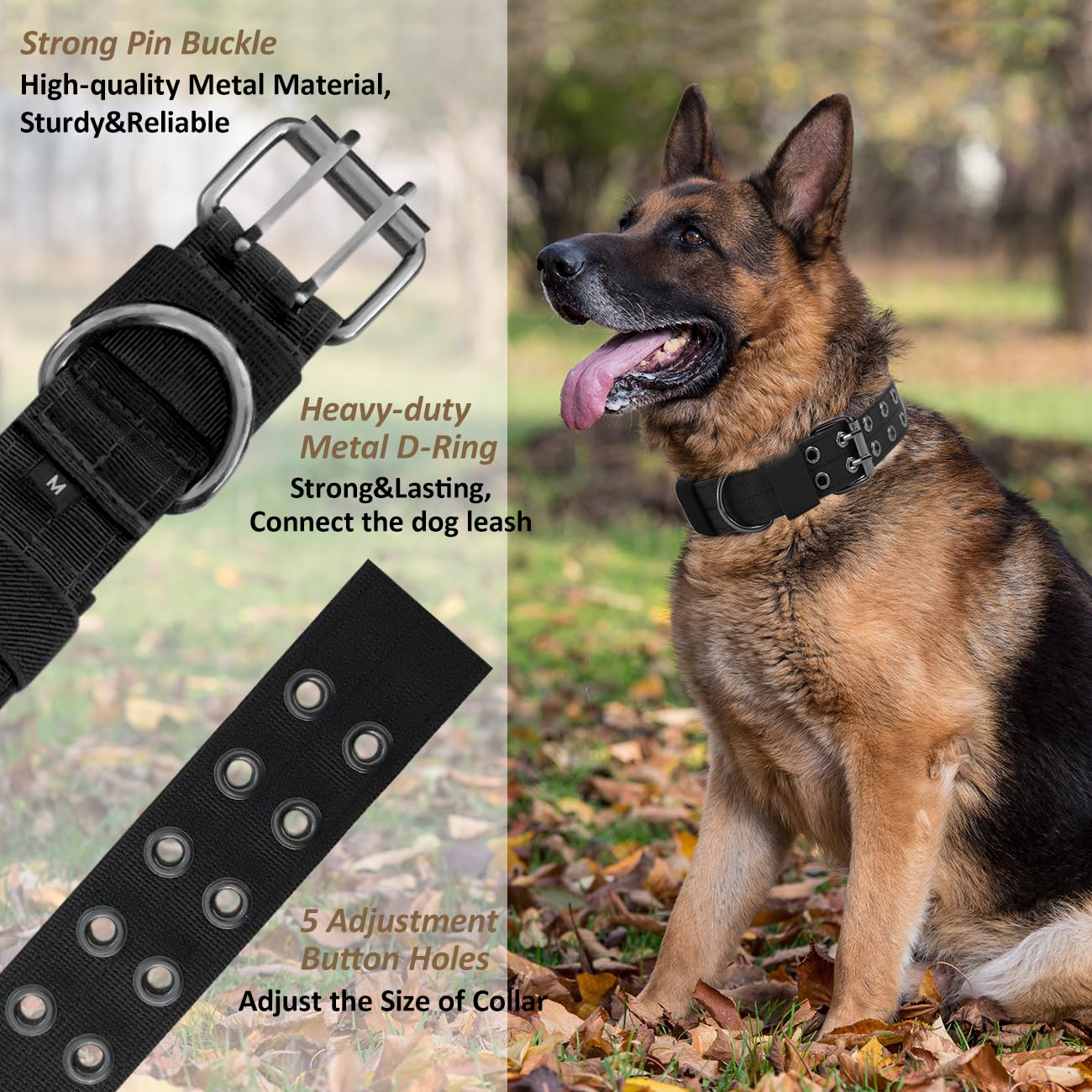Tactical Dog Collar Military Adjustable Dog Collars Soft Nylon Training Collar with Patch Heavy Duty Metal Buckle Collars for Medium Large Dogs (Black-1, L)