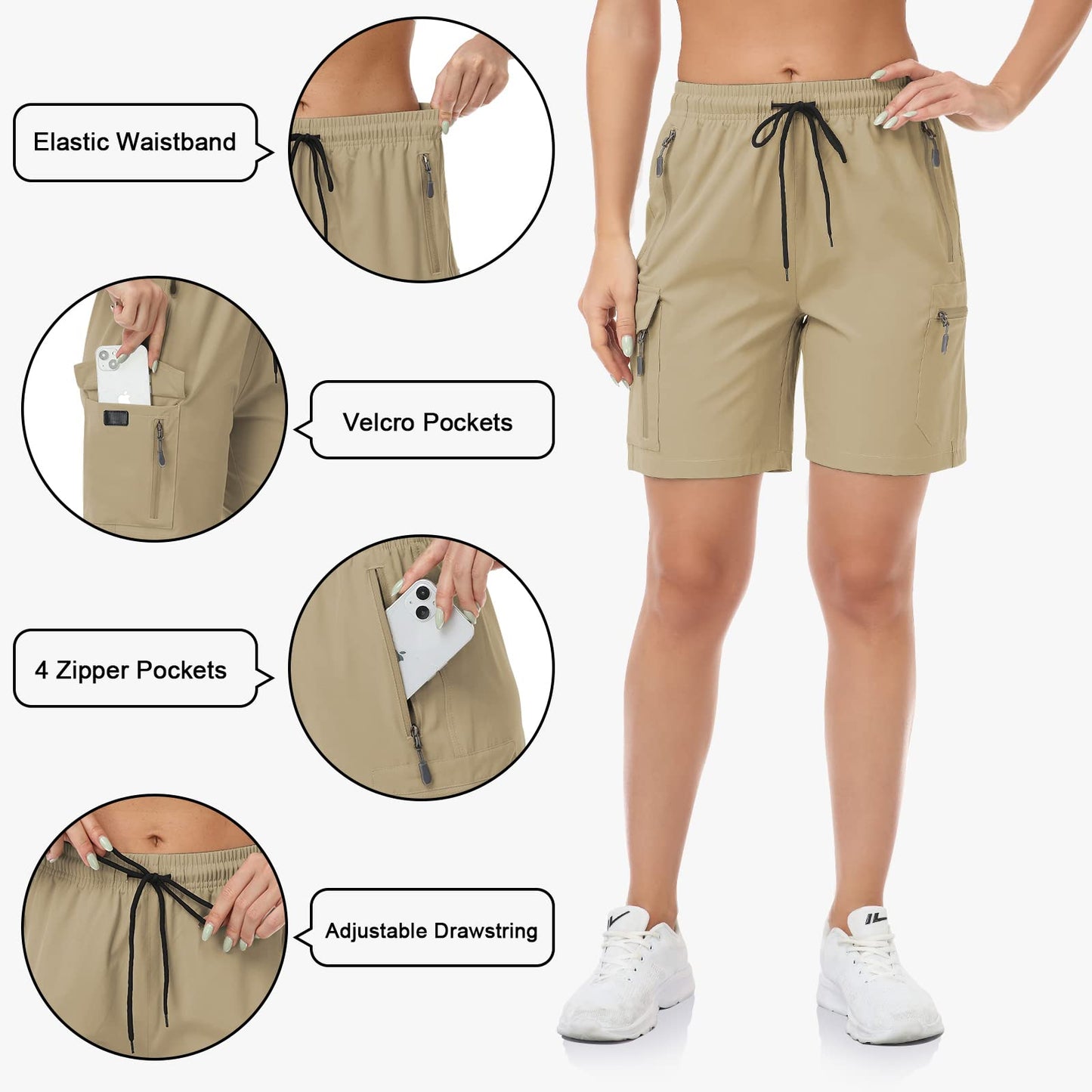 GymBrave Women's Hiking Shorts Quick Dry Lightweight Cargo Shorts for Outdoor Athletic Travel with Pockets Dark Khaki S