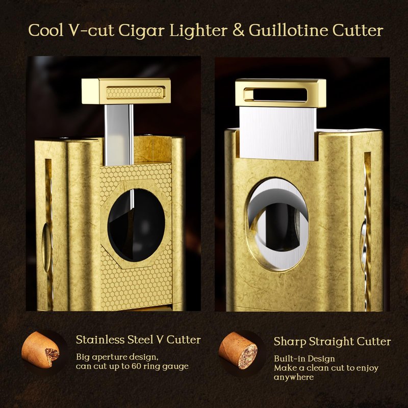 6-in-1 Cigar Torch Lighter, with Straight&V Cigar Cutter, 2 Cigar Punches, Cigar Draw Enhancer, Cigar Holder, Quad Flame Windproof Butane Lighter, Multifunctional Cigar Accessories, Gifts for Men