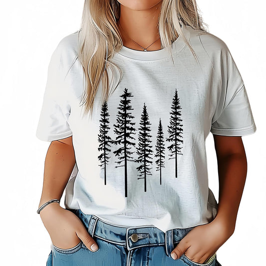 Graphic Tees for Women Casual Workout Graphic T-Shirt Skinny Pine Tree Nature Camping Funny Shirts Athletic Comfort Clothes(XL,White)