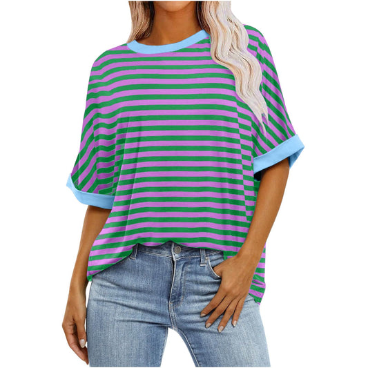 LIKEOULI cheap dresses deal of The day prime today Womens Sweatshirt Casual Striped Color Block Short Sleeve Crewneck Shirt Summer Y2k Tops Oversized Tshirts for Women weed shirts for women