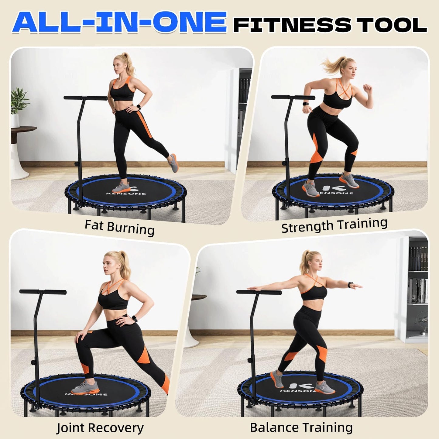 K KENSONE Foldable Rebounder Trampoline - 40/48" Indoor Mini Trampoline for Adults | 450/550 LBS Capacity, Quiet Bungee Design for Home Fitness