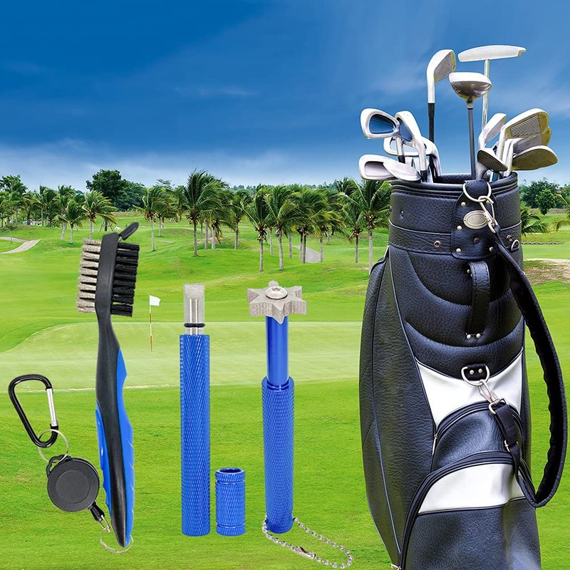 QINIZX 3 Pack Golf Club Brush and Club Groove Sharpener Cleaner Tool Set with Retractable Zip-line Carabiner, U & V-Grooves, Re-Grooving and Cleaning Tool Kit Portable for Golf Club Bag Accessories
