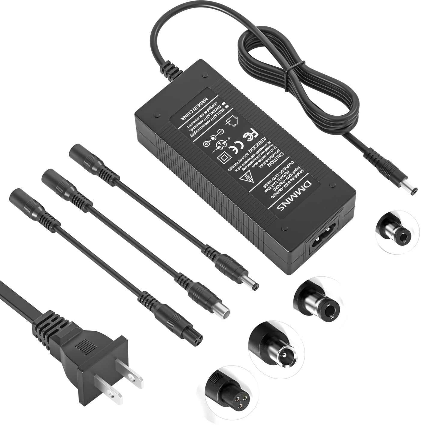 DMMNS 42V 2A Charger with 4 Tips (5.5x2.1/5.5x2.5/8mm 3-Prong/RCA) Compatible with Hiboy,Gotrax,Swagtron Universal for 36V/42V Scooter Battery