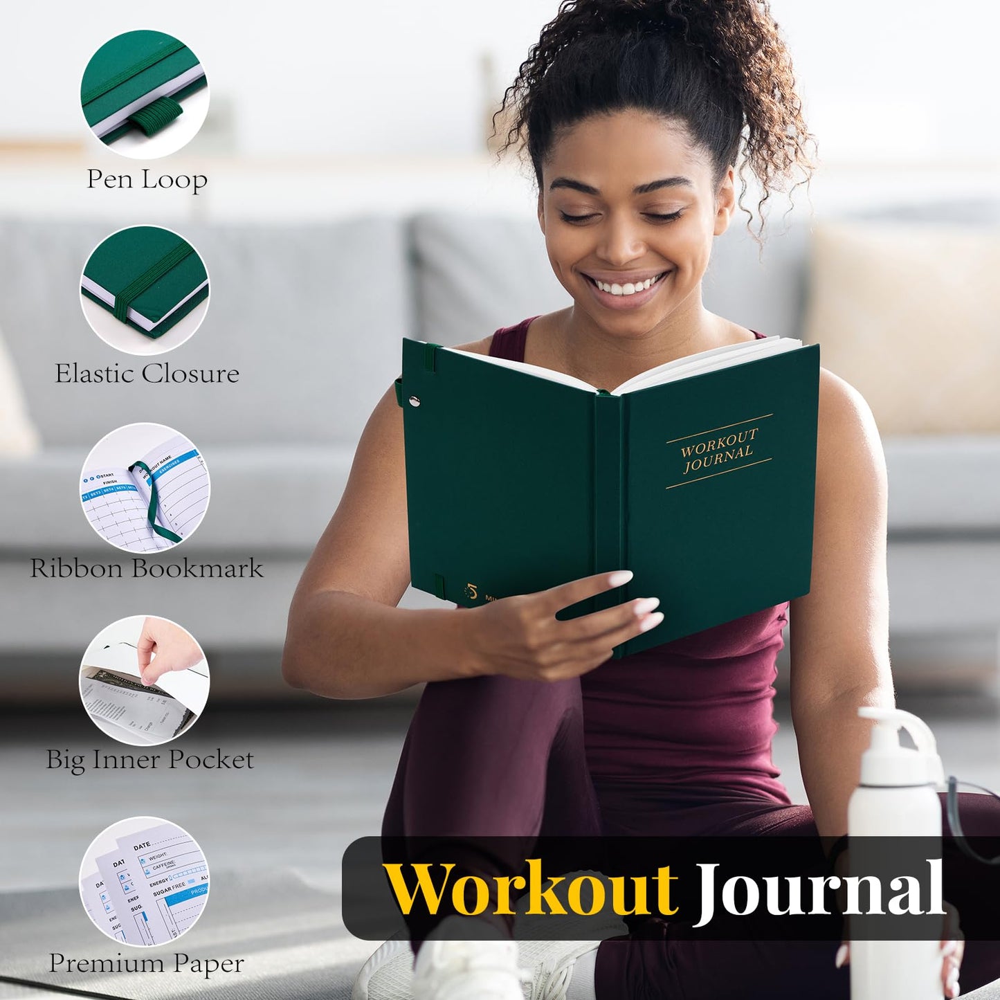 5 MINUTES A DAY Fitness/Workout Journal for Women & Men, Workout Log Book to Track Exercise Progress, 6 Months Running Journal Workout Equipment Home Gym Gift-Dark Green