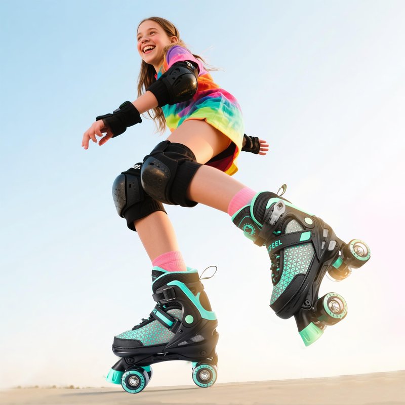 SULIFEEL 4 Sizes Adjustable Roller Skates for Kids, Quad Skates with Light up Wheels, Safe Fun Children Big Kids Skates for Ages 5-8, Best Gift for Beginners Outdoor Skates Sports (Mint Green, Medium)