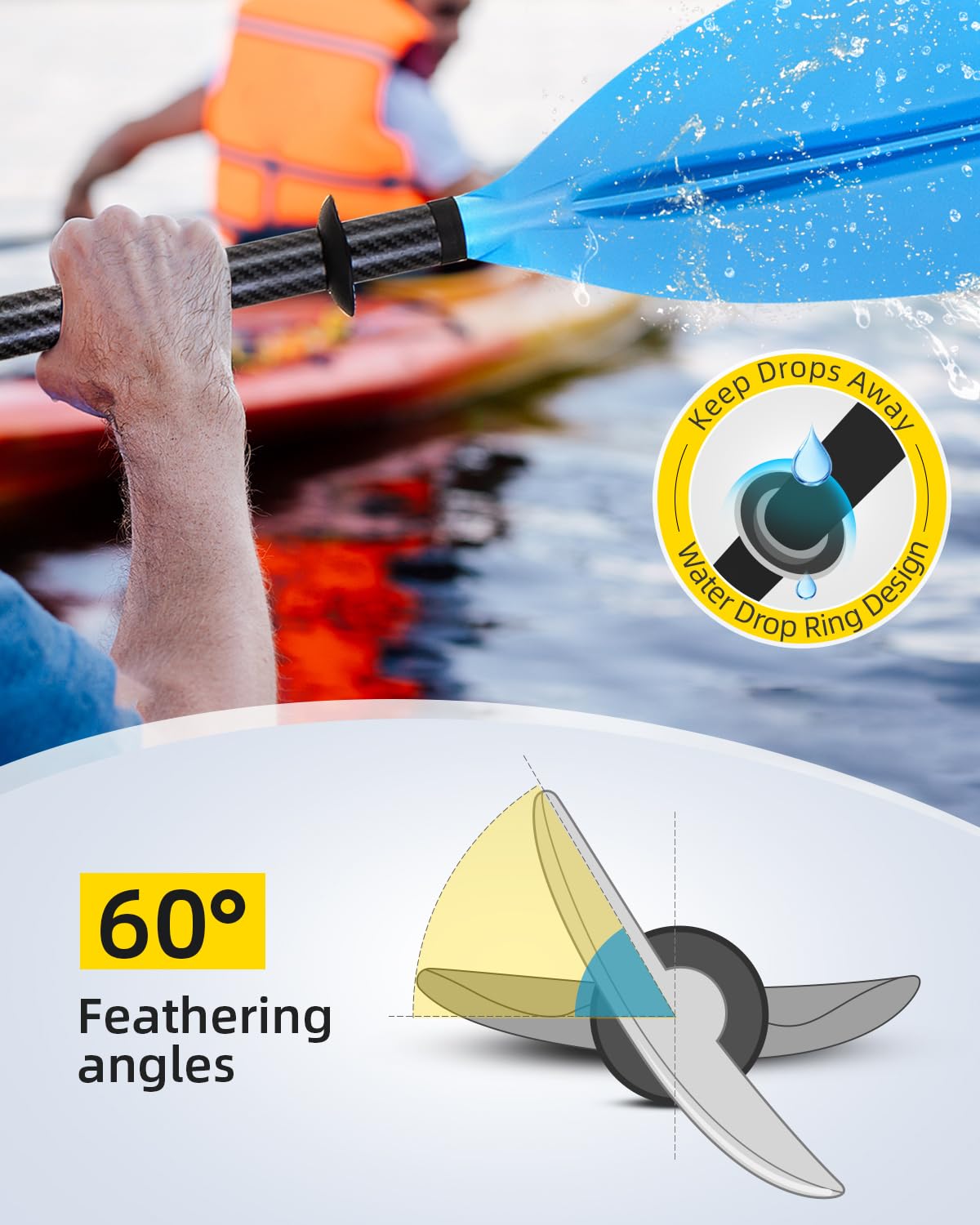 OCEANBROAD Adjustable Carbon Fiber Kayak Paddle 86in/220cm to 94in/240cm Kayaking Oar with Paddle Leash 1 Paddle, Blue