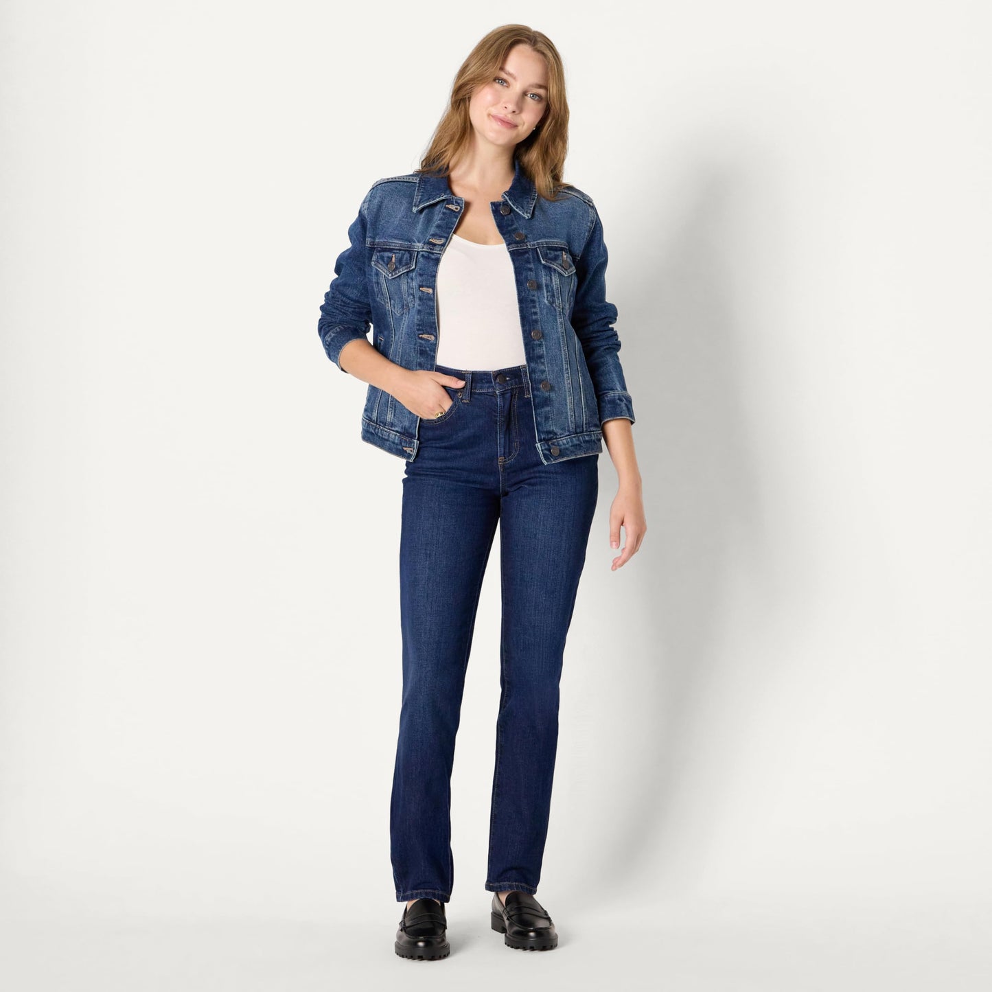Amazon Essentials Women's Oversized-Fit Rigid Denim Trucker Jacket, Stone Dark Wash, Large