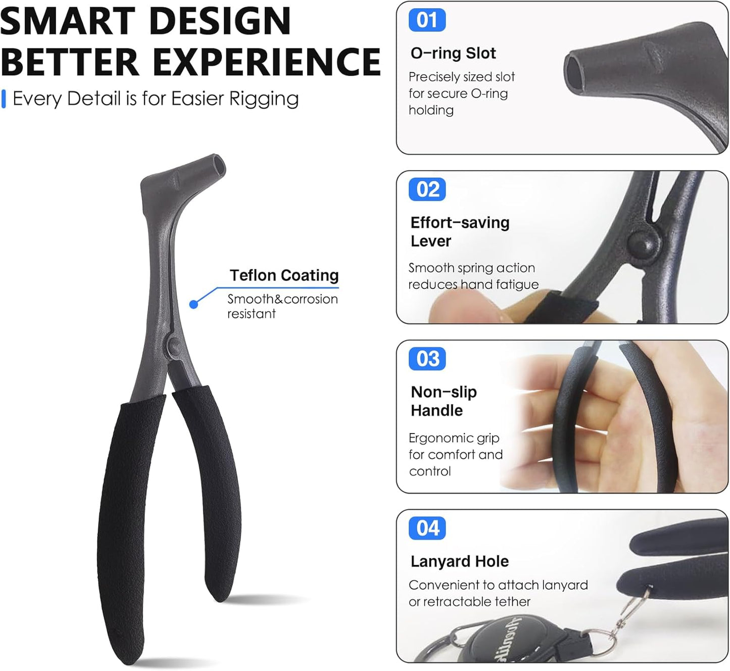 Wacky Worm Pliers - Labor-Saving Lever Design with 300 O-Rings (6/7mm) | Smooth Action Teflon Coated Stainless Steel Tools