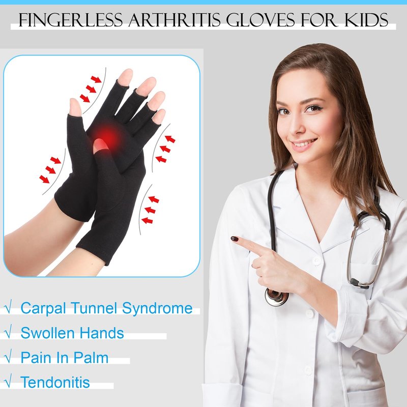 Panitay 4 Pairs Kids Compression Gloves Fingerless Arthritis Gloves Kids Compression Hand Cover for Boys Girls Carpal Tunnel(6-15 Years)