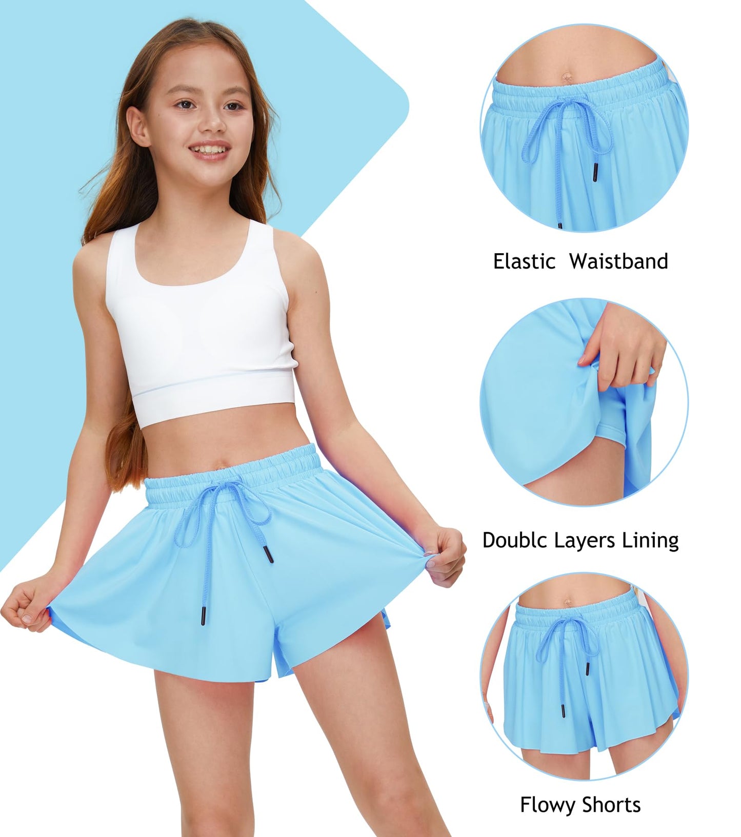 Kids Girls Athletic Flowy Shorts for Running Sports Fitness Active Workout Youth Butterfly Elastic Waist Skirts Shorts (Light Blue, M)