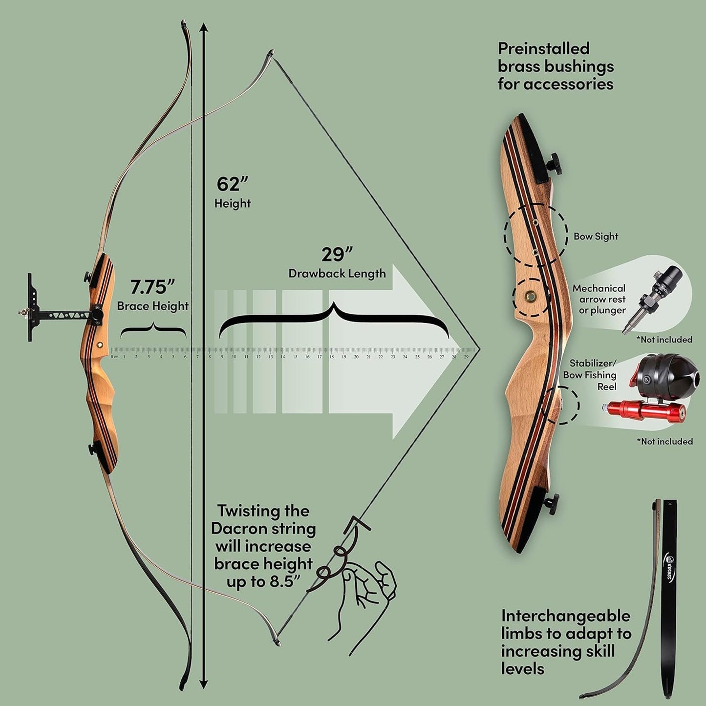 KESHES Takedown Recurve Bow and Arrow Set for Adults & Teens 62" - 15-60lb Draw Weight, Right & Left Handed Bows - Archery Set with Bowstring, Arrow Rest, Stringer Tool, and Bow Sight - 30 Left Hand