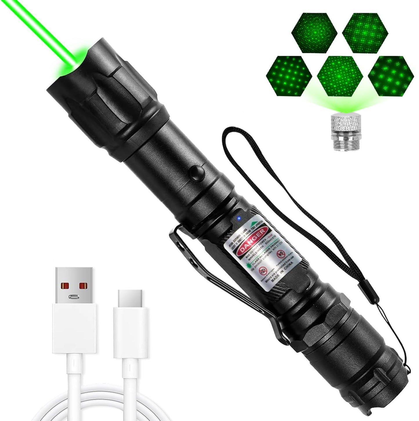 FUIIKEEM Long Range Green Laser Pointer - High Power Flashlight with Laser Pointer - Rechargeable, Star Cap for Astronomy, Construction, Outdoor Adventures