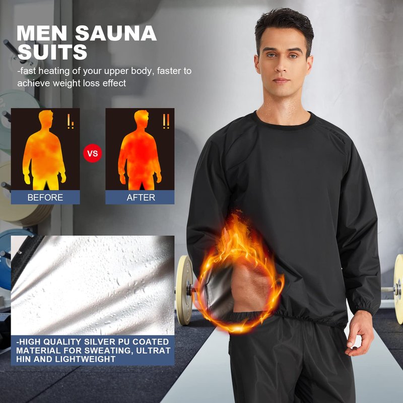 MOLUTAN Sauna Suit for Men and Women, Sweat Suit Gym Workout Weight Loss Slim Fitness Top Pants Clothes, Black (Black Tops, Small)