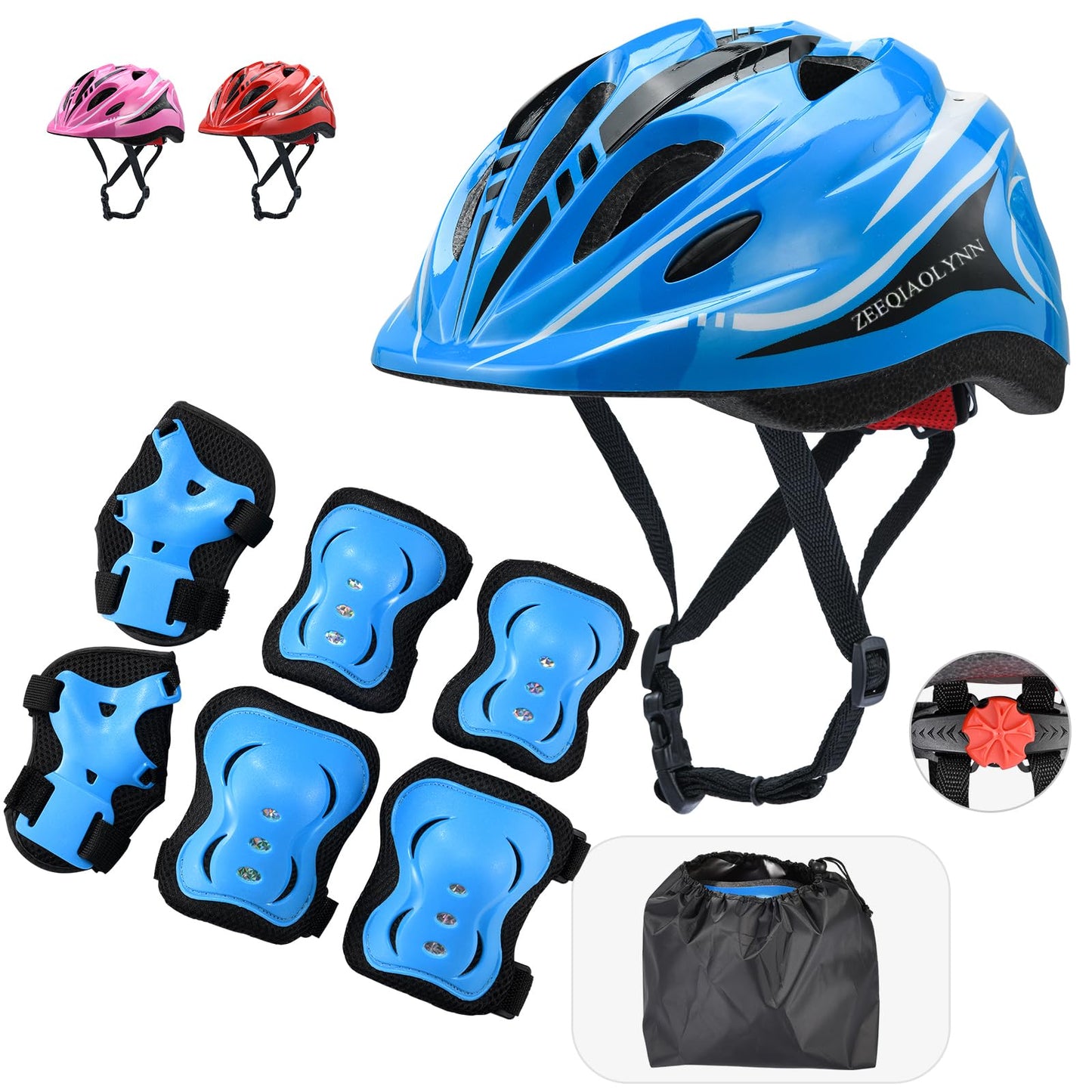 Kids Skateboard Protective Gear Boys Bike Helmet and Knee Pads Set with Elbow Pads Adjustable for 5-12 Years Kids Bicycle Roller Skates Kick Scooter Hoverboard Blue