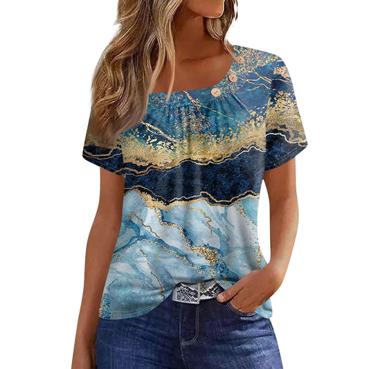 Beautiful Summer Short Sleeve Tops for Women Park Plus Size Print Fit Crewneck Shirt Stretch Polyester Button Tops for Women Blue