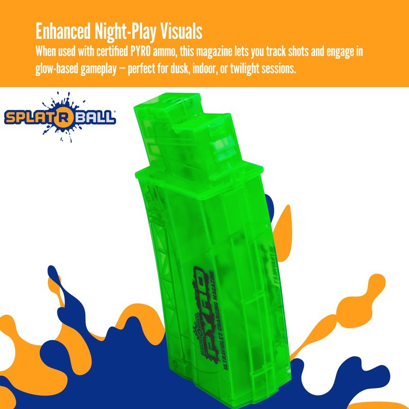 SplatRBall Pyro Glow‑in‑The‑Dark Gel Bead Blaster Magazine - 550 Round Capacity - LED - Green